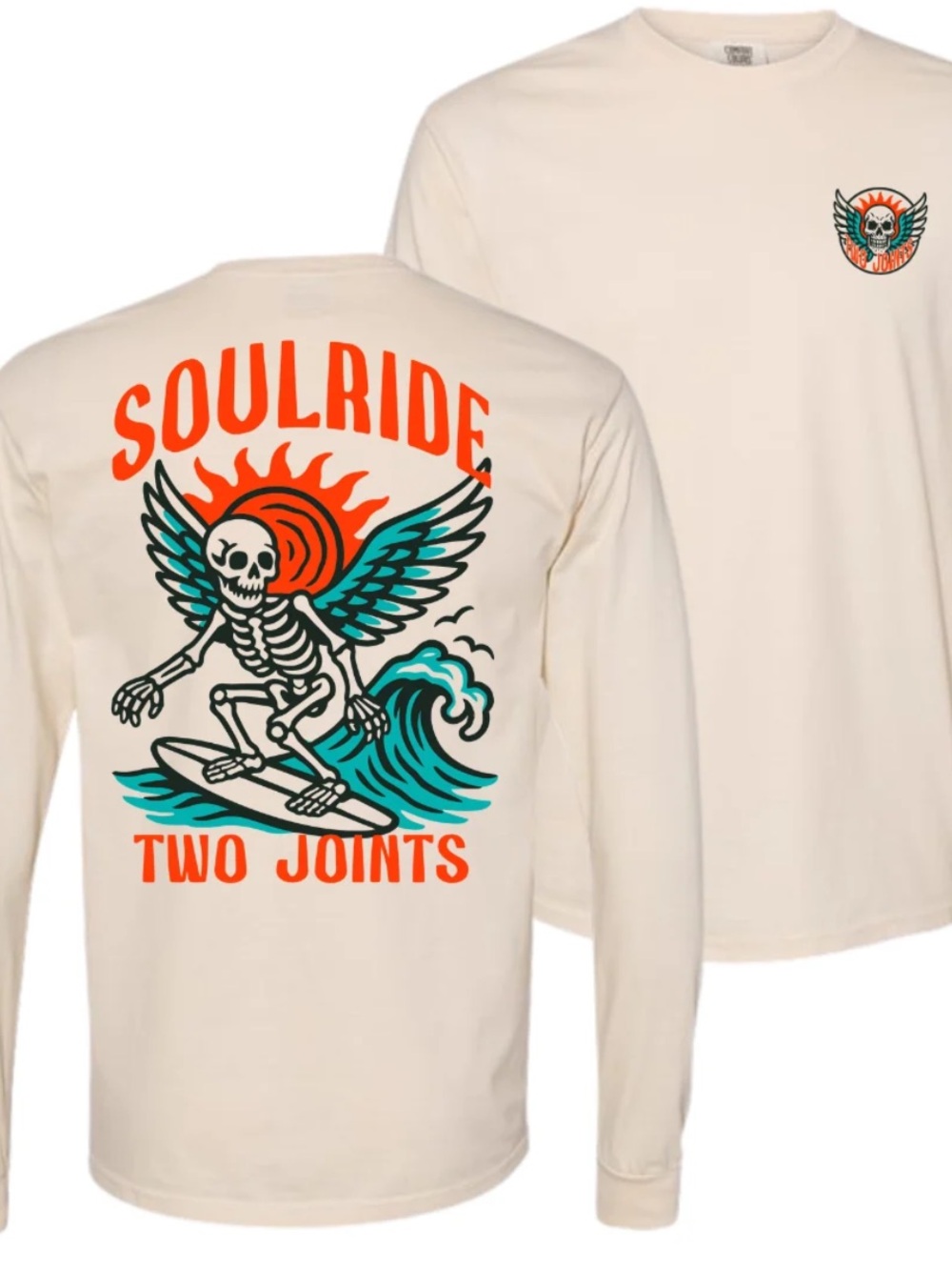 Comfort Colors Cream Long Sleeve Tee with Orange & Teal Surf Skull Graphic